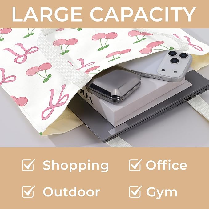 Cute Aesthetic Canvas Tote Bag for Women, Reusable Foldable Shopping Cotton Shoulder Totebag with Zipper Pocket