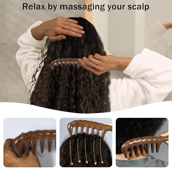 Wooden Wide Tooth Comb, 2 Pack Large Thicken Natural Sandalwood Hair Combs for Curls, Women and Men, Detangles Long Thick Wet or Dry Hair, Head Scalp Massager, Anti-static (Golden Sandalwood)