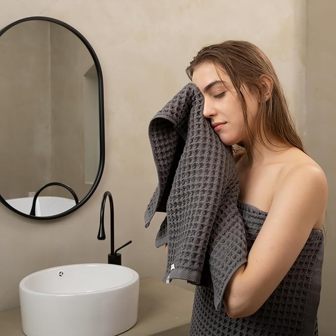 Luxury Japanese Cotton Silk Waffle Bath Towel | Plush, Absorbent, and Quick Dry (Smoke Grey, Hand Towel (3 Pack))