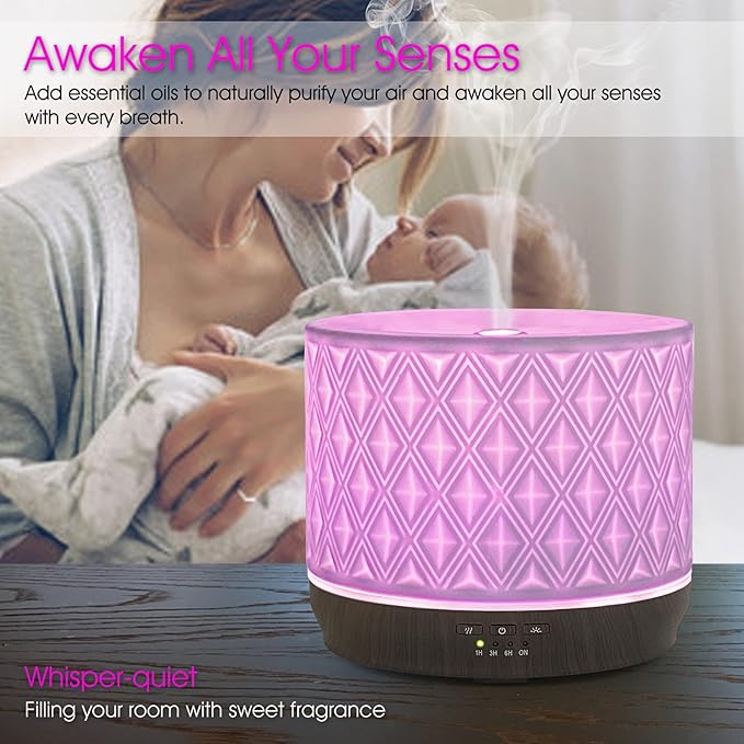 Earnest Living Essential Oil Diffusers for Essential Oils Large Room Diffuser White Ceramic Diffuser 500ml Aromatherapy Diffuser with 4 Timers 7 Night Lights and Auto Off Function for Home Gift