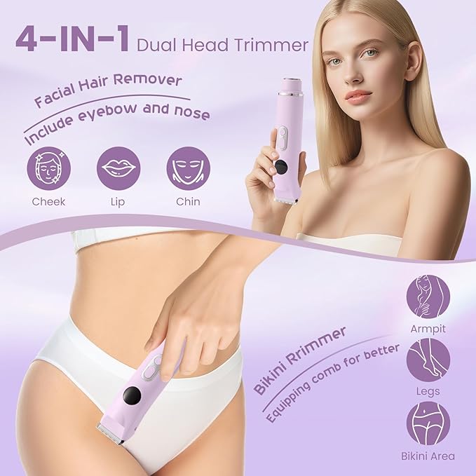 Bikini Trimmer for Women, Upgraded 2-in-1 Electric Razors for Women with 2 Replaced Blades and LED Light, Wet & Dry Use Electric Shaver Support 90 Mins Runtime for Face & Body & Intimate Areas