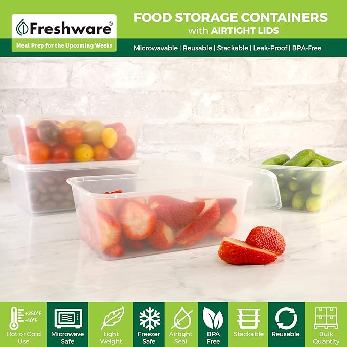 Freshware Food Storage Containers [50 Set] 25 oz Plastic Deli Containers with Lids, Slime, Soup, Meal Prep Containers, BPA Free, Stackable, Leakproof, Microwave, Dishwasher and Freezer Safe