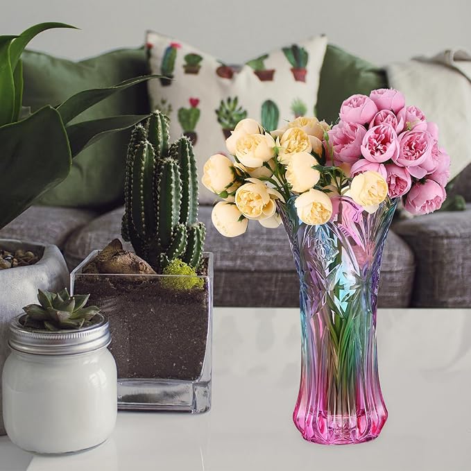 Multicolor Clear Glass Vases Wide Mouth Gradient Flower Vase for Bookshelf Dinner Table Indoor Office Desktop Meeting Room Bathroom Countertop 9.43x4.91x4.91 Inch
