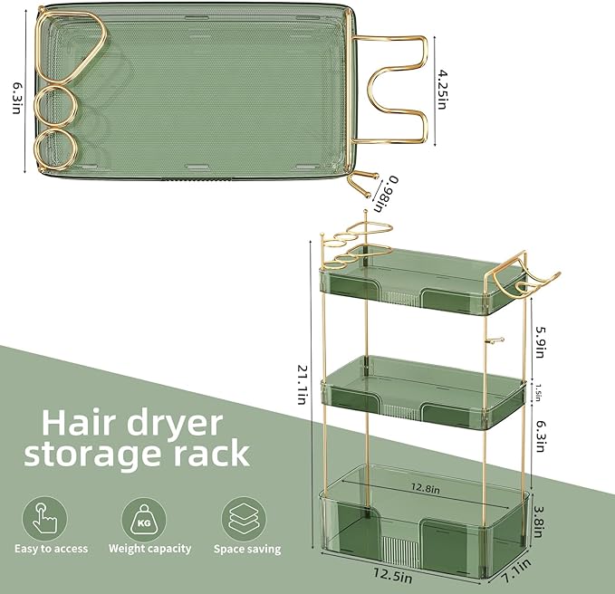 3 Tier Bathroom Organizer Countertop Makeup Perfume Tray Skincare Organizer Comes with Hair Dryer Rack and Toothbrush Holder for Bathroom Dresser Vanity (Green)