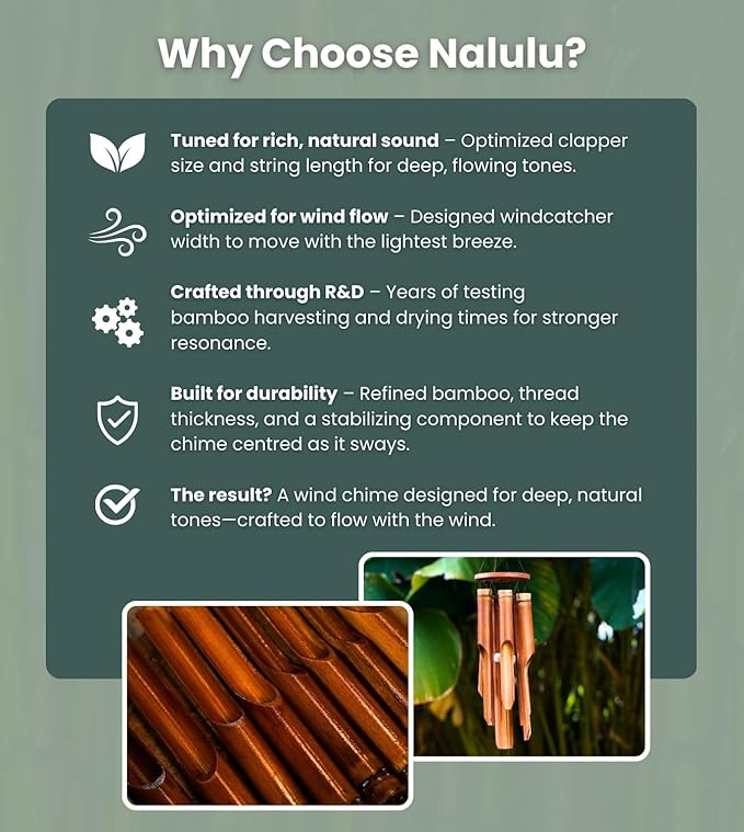 Classic Bamboo Wind Chimes - Outside Outdoor Wood Wooden Windchimes, Small, Handcrafted with Calming Deep Tones, Ideal Home Decor or Gift for Any Occasion