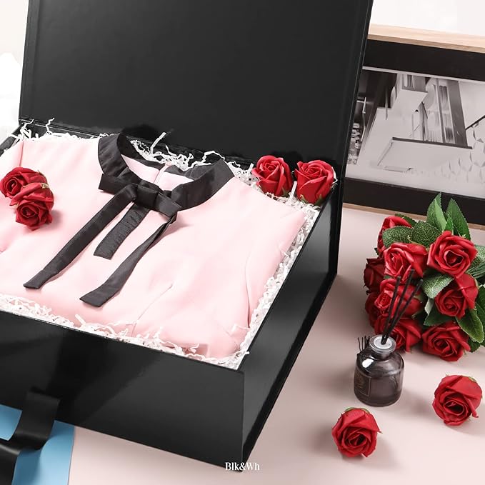 BLK&WH 3 Extra Large Gift Boxes with Ribbon 16.3x14.2x5 Inches, Large Black Gift Boxes with Lids for Presents, Groomsmen Proposal Boxes, Big Gift Boxes for Clothes and Large Gifts (Glossy Black)