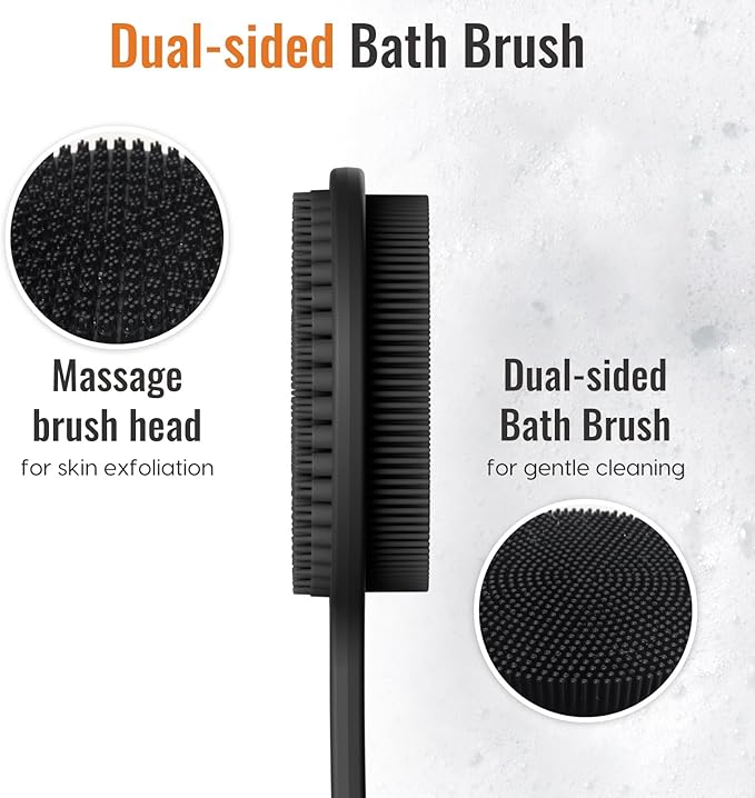 Silicone Back Scrubber for Shower, 17in Lengthen Long Handle Body Brush, Double Sided Shower Brush for Shower Exfoliating and Massage Can Produce Rich Foam, Long Handle Back Scrubber for Men