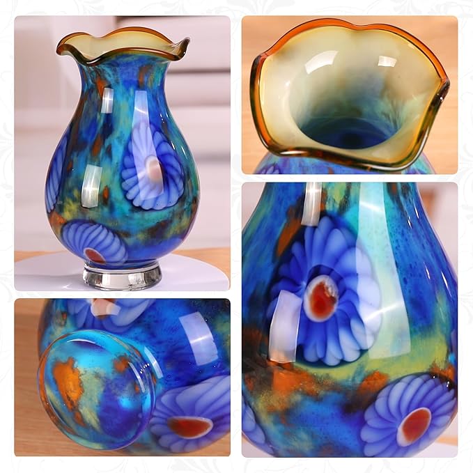 KAMMAK Colored Glass Vase, Beautiful Hand Blown Decorative Vase, Modern Art Vase for Flower Mantle Dining Table Centerpiece, Entryway Living Room Wedding Decoration, FH024