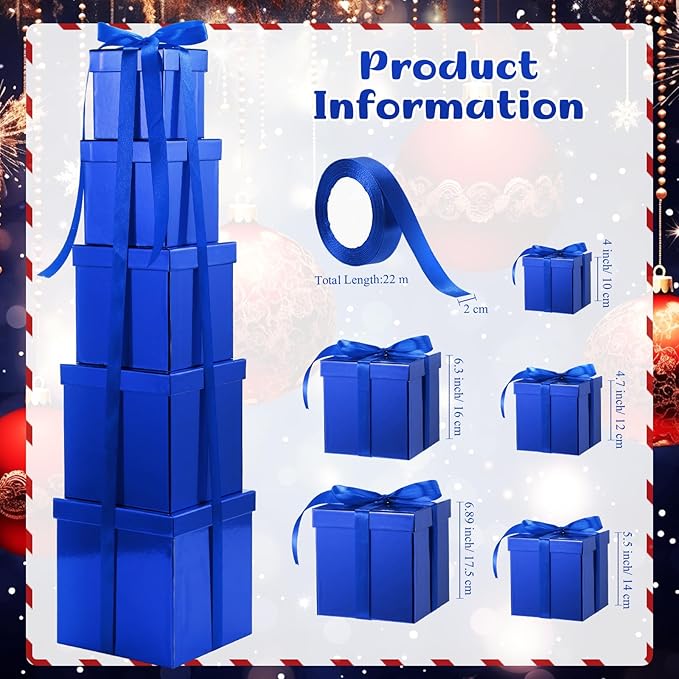 Cholemy 5 Pcs Square Nesting Boxes Decorative Gift Boxes with Lid and Ribbon Assorted Sizes Wrap for Wedding, Thanksgiving, Christmas, Anniversary, Birthday, Bridal Party(Shiny Blue)