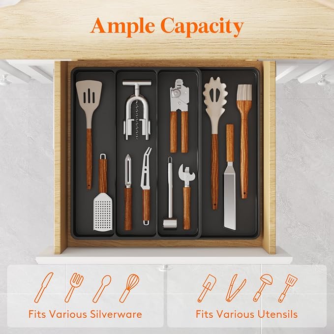 Lifewit Utensil Drawer Organizer, Expendable Cooking Silverware Tray for Kitchen Drawer, Adjustable Cutlery Flatware Holder, Plastic Spatula Tools and Gadgets Storage Divider, 4 Compartments, Black