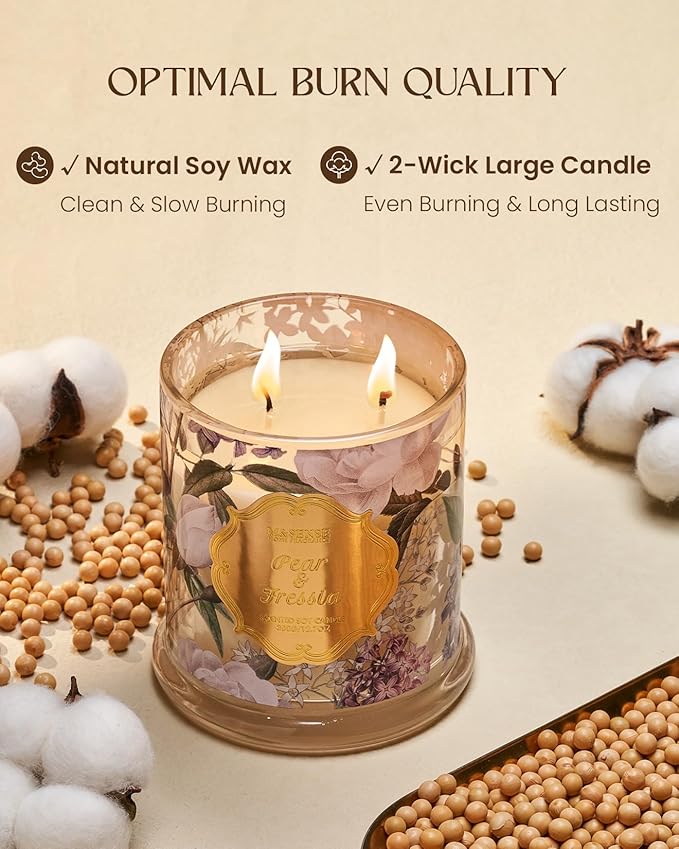 M&SENSE Pear Fressia Candles Home Scented, Organic Soy Candle 12.7oz 75 Hour Long Lasting Slow Burning, Spring Floral Fragrant Relaxing Aromatherapy Candle, Aaesthetic Candle Gift for Women