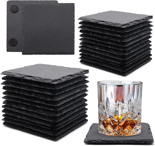 24 Pack Square Slate Drink Coasters, VIBRATITE 4 Inch Black Slate Stone Coasters Bulk Cup Coaster Laser Engraving Blanks with Anti-Scratch Bottom for Drink Coffee Bar Kitchen Home Decor