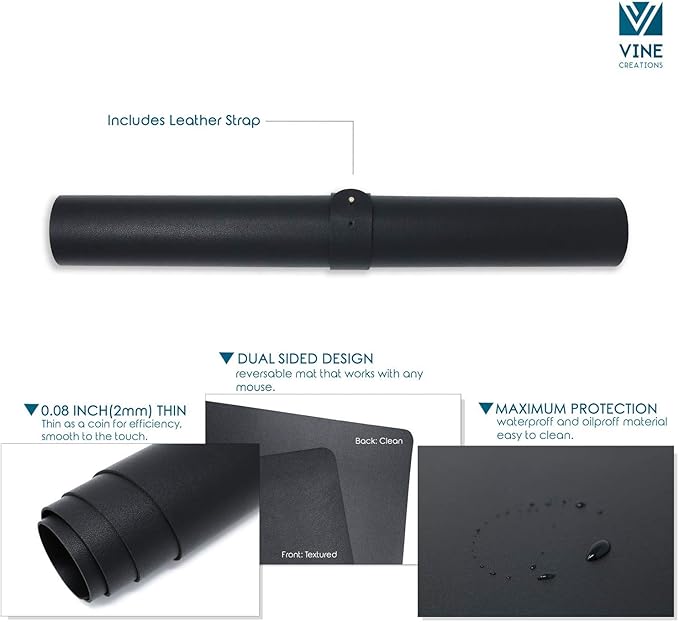 Leather Desk Pad 36" x 20", Vine Creations Office Desk Mat Waterproof Black - Premium Quality - Smooth Mouse Writing Surface - Maximum Protection Dual-Sided Pu Leather Blotter for Desk Office/Home