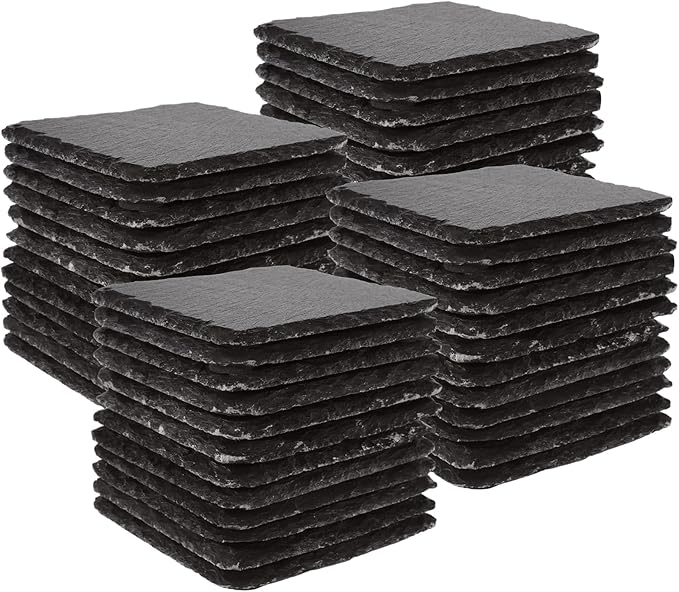36PCS Slate Coasters Bulk Black Stone Coasters Square Slate Coasters 4 inch Slate Stone Cup Coaster Set for Drink Bar Kitchen Home Blanks with Anti-Scratch Bottom