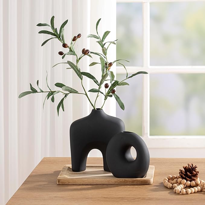 Ceramic Vase Set of 2, Modern Donut Vases for Minimalist Nordic Home Decor, Waterproof Round Vase, Decorative Centerpiece Vases for Living Room, Entryway, Bookshelf, Table Decor (Matte Black)