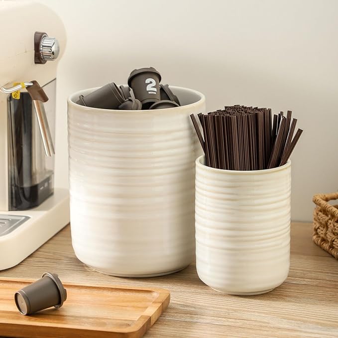 HASENSE Cooking Utensil Holder, 7.4"+5.5" Ceramic Kitchen Utensil Holder for Counter, Rustic Utensil Oganizer Crocks for Spatula, Kitchen Gift for Christmas Wedding, Set of 2, Clay-Infused White