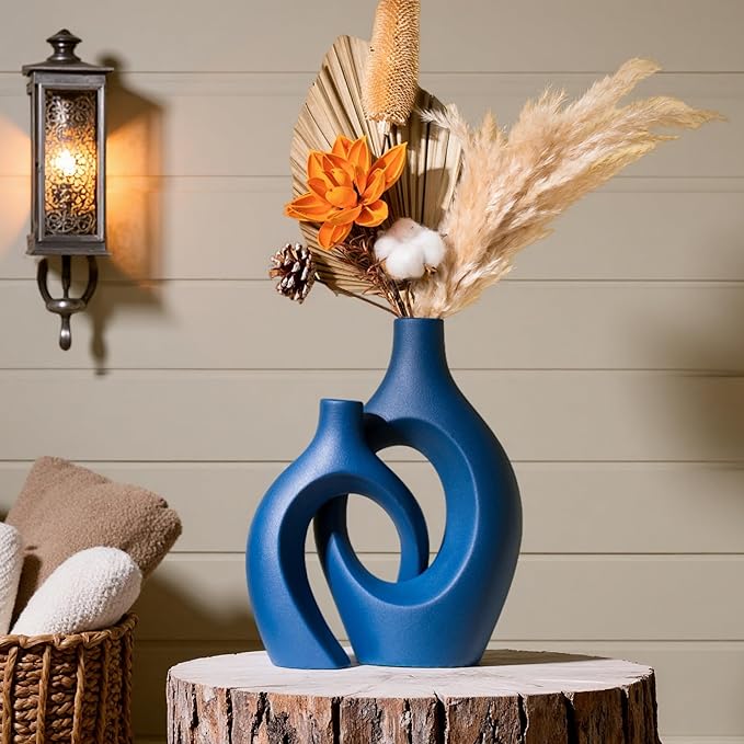 Snuggle Hollow Ceramic Vase Set of 2, 11 inch Hug Donut Modern Nordic Boho Style Vases for Home Decor Anthropologie Aesthetic Living Room Shelf Entryway Table Decorative (Navy Blue)