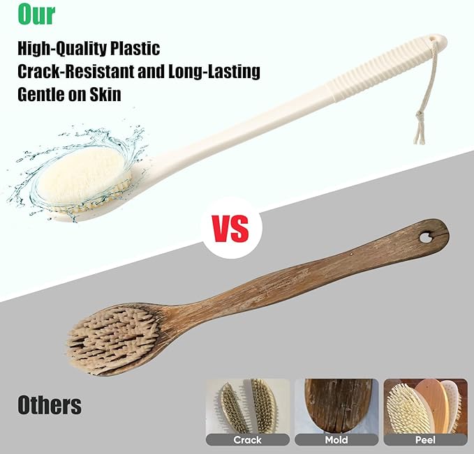 17-Inch Back Scrubber for Shower, Anti-Slip Exfoliating Body Brush for Bath, Gentle Back Brush for Shower for Men, and Women, Cleaning Skin for Smooth, Glowing Skin (Cream White)