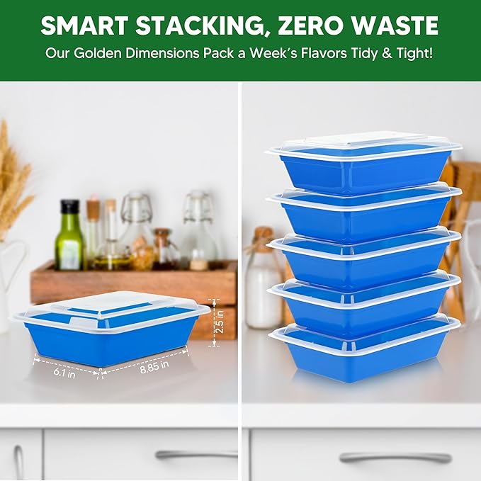 50 Pack Meal Prep Containers with Lids 38oz - BPA-Free, Reusable, Leakproof Food Storage Containers - Microwave/Dishwasher/Freezer Safe, To Go Take Out Plastic Food Storage Pans(Blue)