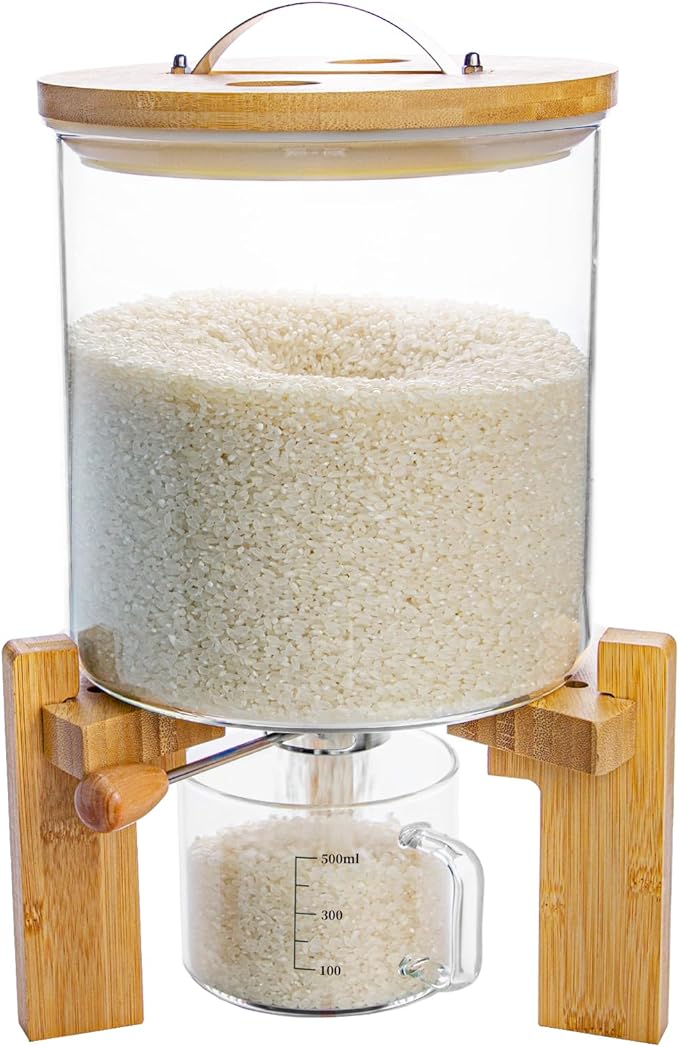 Rice Dispenser, Rice Storage Container, Flour and Cereal Container for Kitchen Organization and Pantry Store, Glass Cereal dispenser with Airtight Lid and Wooden Stand 5L