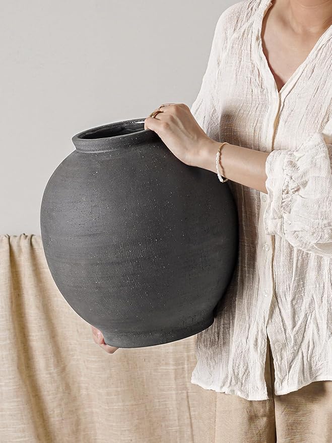Black Ceramic Vase - Large 12.5 Inch Round Floor Vase for Centerpieces, Farmhouse Rustic Minimalist Home Decor (Sandstone Black)