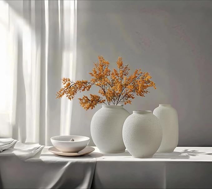 Large White Ceramic Vase, 10.8 inch Round Minimalist Textured Vase, Rustic Farmhouse Decor for Home, Living Room, Shelf, Table, Wedding & Entryway Decoration (Sandstone White)