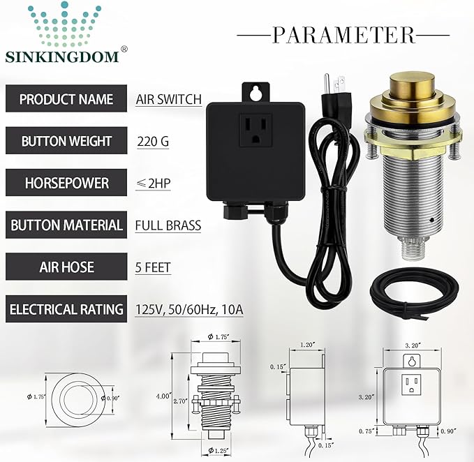 SinkTop Air Switch Kit with Champagne Bronze Long Button (Full Brass) for Garbage Disposal, Single Outlet