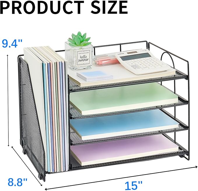 OPNICE 4-Tier Paper Organizer with Magazine Holder, Desk Organizers and Accessories, Office Desk Accessories & Workspace Organizers, Desktop File Organizer for Office Supplies Storage, Black