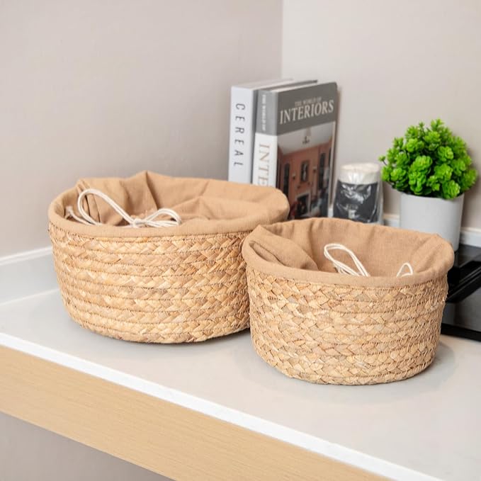 Round Gourd Grass Woven Storage Basket with Liner - Small Woven Baskets for Organizing Kitchens Closet Shelves Bathrooms and Laundry Rooms - Round Basket (One Large)