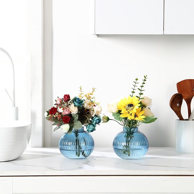 Round Glass Vases, Set of 2 Small Vases for Flowers, Blue Glass Vase for Tulips, Modern Vase for Living Room, Office, Coffee Table, Shelf, Wedding, 5 Inches