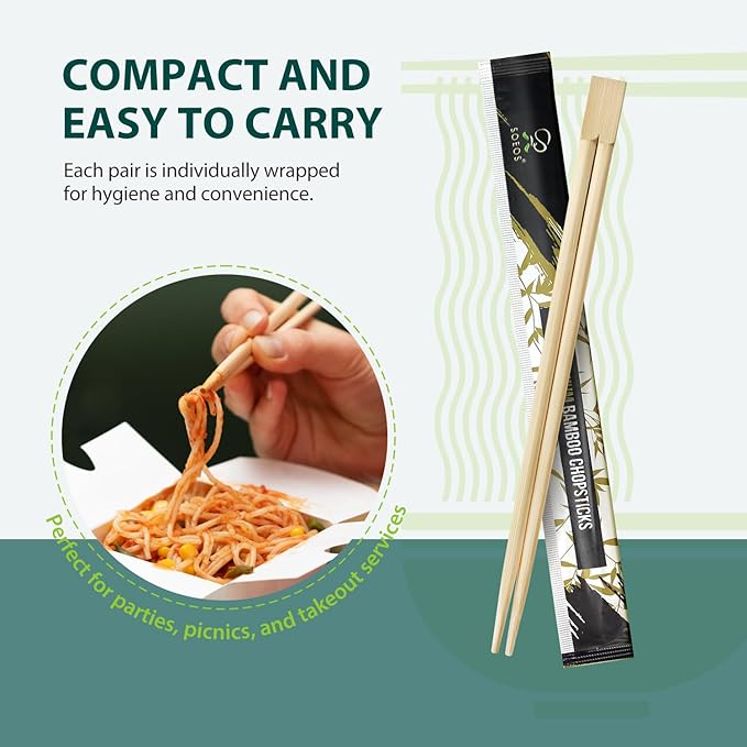 Soeos 400 Disposable Chopsticks Bulk - Natural Wooden Chopsticks & Bamboo Chopstick for Sushi, Takeout, Party - Splinter-Free, Individually Wrapped Single-Use Chopstick (Approx.400 Pairs)