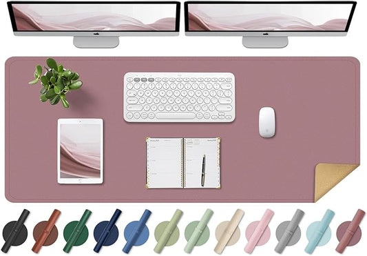 PU Leather & Cork Desk Blotter, Office & Home (Purple Pink) - Non-Slip Keyboard & Mouse Mat, 47.2" x 17"