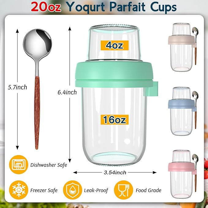 4 Pack Overnight Oats Containers with Lids, 20 oz (16+4) Dual-Layer Mason Jars Yogurt Parfait Cups with Lids, Leak-proof Meal Prep Containers Dry and Wet Separation for Overnight Oats, Salad, Yogurt