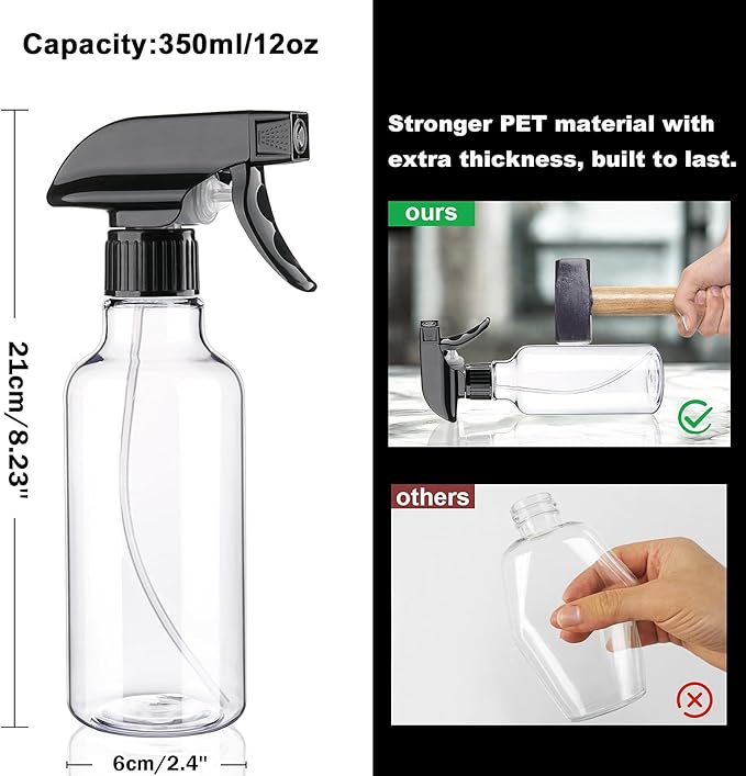 Spray Bottles Plastic Spray Bottle for Hair Mist/Stream Heavy Duty Empty Spray Bottles for Cleaning Solutions, Plants, Cooking (12oz-Blackclear+nozzle)