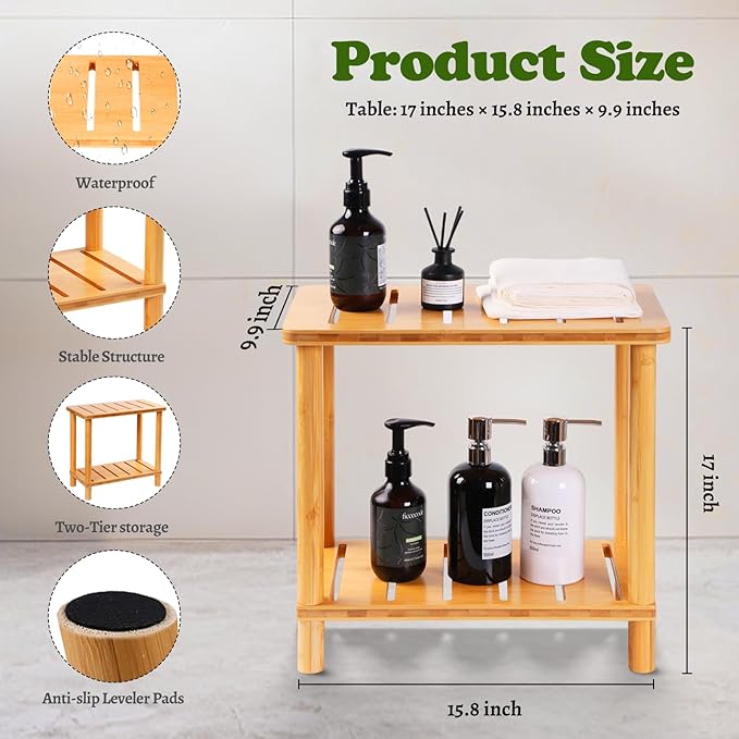 Bamboo Shower Bench Stool, Shower Stool for Inside Shower with Storage Shelf, Waterproof Shower Chair Spa Bath Seat, Bathroom Bench Seat for Adults for Indoor or Outdoor Use.