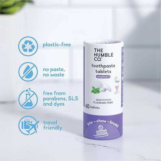 The Humble Co Sensitive Chewable Toothpaste Tablets, Spearmint - Fluoride-Free Toothpaste Tabs for Sensitive Gums & Teeth - Bite, Chew, Brush - Travel-Friendly Dental Oral Care & Hygiene - 180 Count