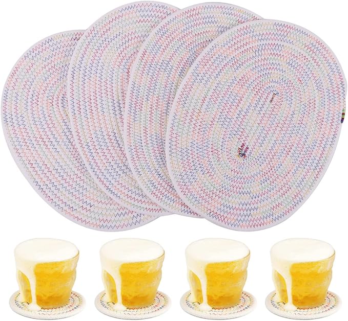 Set of 4 Oval Woven Placemats, Cotton Plate Chargers with 4 Pack Round Coasters, Thick Heat Insulation Household Table Mats Braided Bowl Mats Placemats Fabric Rustic Tablemats for Dining Table