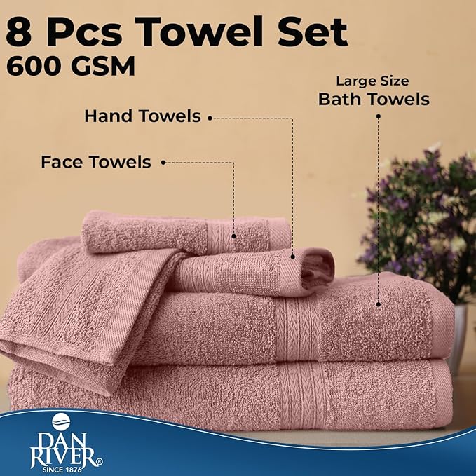 DAN RIVER 8 PC Luxury Bath Towels for Bathroom, 2 Bath, 2 Hand, and 4 Wash Cloths, 600 GSM 100% Ring Spun Cotton Towel Set, Highly Absorbent, Gym, Hotel, and Spa, Dusty Rose