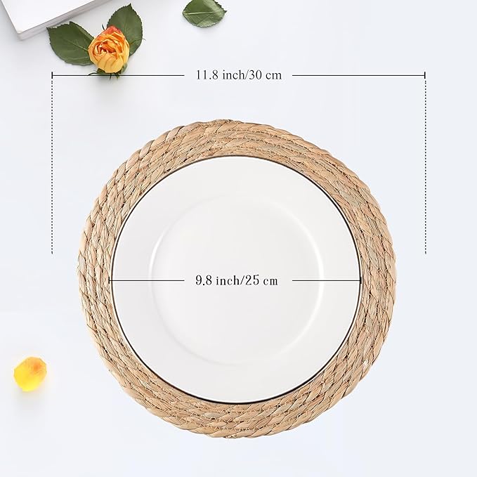 Round Woven Placemats Set of 8, Natural Water Hyacinth Place mats, Rattan Placemat Wicker Placemats Farmhouse Boho Braided Heat Resistant Outdoor Placemat Patio Table Place Mats (12 inch Set of 8)