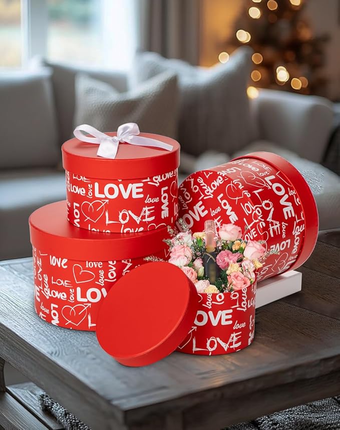 Luxury Round Nested Gift Boxes with Lids (Set of 4) – Reusable Sturdy Cardboard Gift Box Set for Birthdays, Weddings, Anniversaries, Christmas, and Valentine’s Day – Red