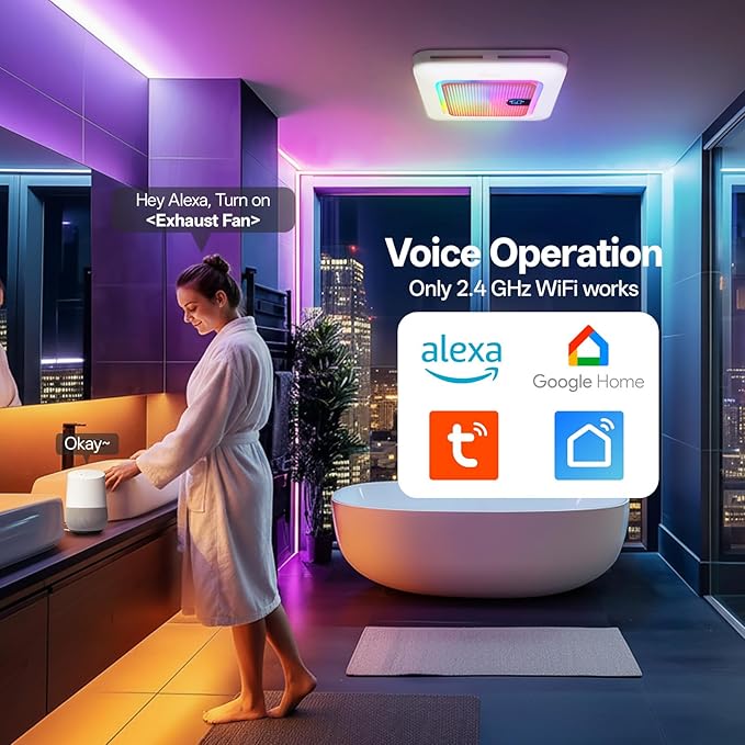 Smart Bathroom Exhaust Fan with Bluetooth Speaker, 230 CFM 1.0 Sone Exhaust Fan with Humidity & Odor Sensor, Remote/App/Voice Control, Adjustable LED Lighting & Dynamic RGB Mood Light (Pink)