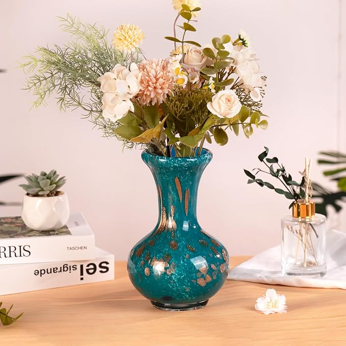 KAMMAK Colored Glass Vase, Beautiful Hand Blown Decorative Vase, Modern Art Vase for Flower Mantle Dining Table Centerpiece, Entryway Living Room Wedding Decoration, FH003