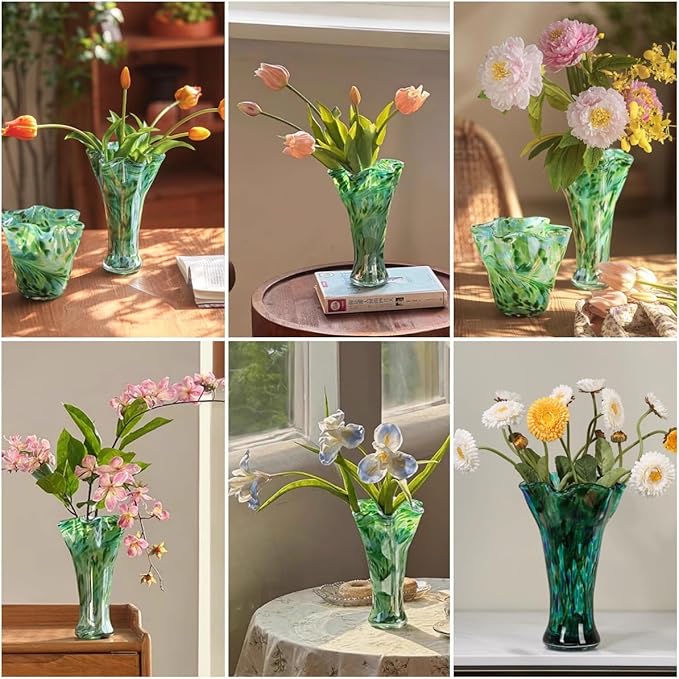 Green Blown Glass Vase for Flowers, 9.6" Teal Vase for Home Decor, Modern Art Flower Vases Decorative Table Centerpiece, Wedding, Living Room, Bookshelf, Entryway, Gift for Women Mom
