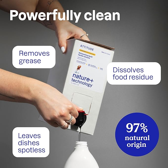ATTITUDE Dish Soap Refill, EWG Verified, Plant-Based & Vegan Dishwashing Liquid, Naturally Derived, Unscented, 67.6 Fl Oz