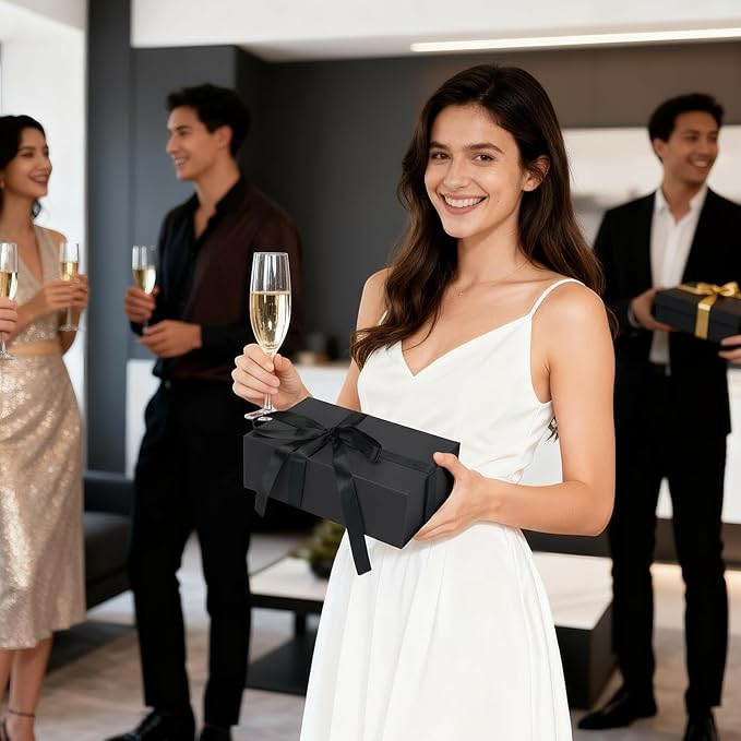 Ditwis 4 Pack 9.5x6x3 Inches Gift Boxes with Magnetic Closure Lids, Black Magnetic Box with Ribbon for Wedding, Groomsmen Bridesmaid Proposal, Birthdays, Mother's Day