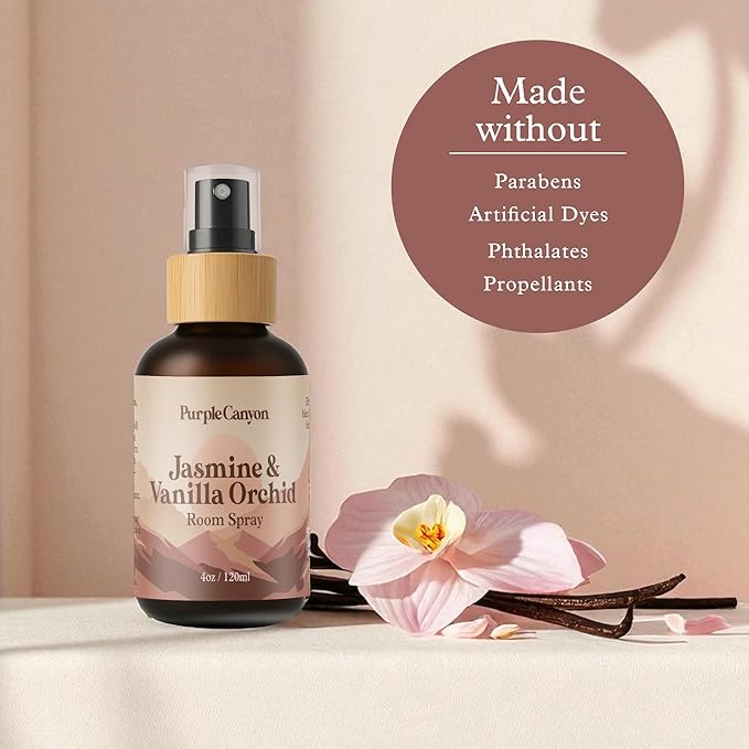 Purple Canyon Jasmine & Vanilla Orchid Room Spray — 4 oz Natural Linen & Room Freshener — Floral & Woody Fragrance Mist — Elegant & Refreshing — Premium Natural Fragrance Oils