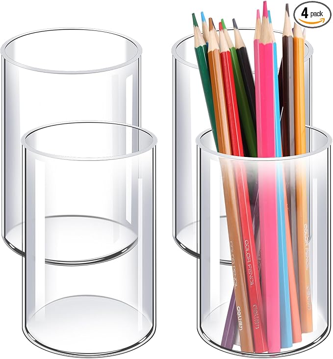 Acrylic Pen Holder 4 Pack, Acrylic makeup brush holder, Clear Pen Cup, Acrylic Cylinder Perfect for Desk organizer, Cylinder