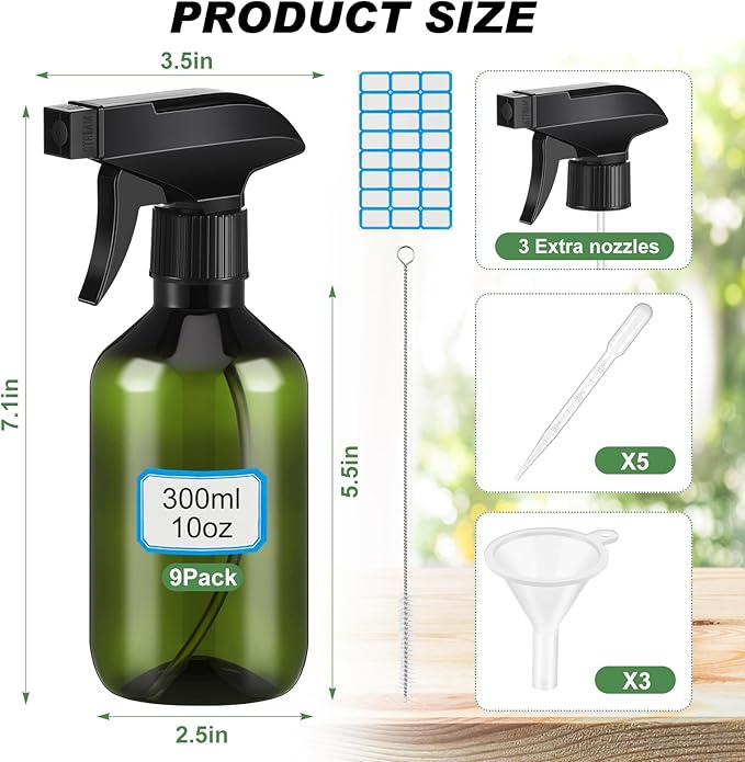 9 Pack 10 oz Plastic Spray Bottle Bulk for Plant Small Spray Bottle Fine Mist Water Sprayer Upgraded Adjustable Nozzle Refillable Empty Containers for Cleaning, Hair, Cooking(Green)