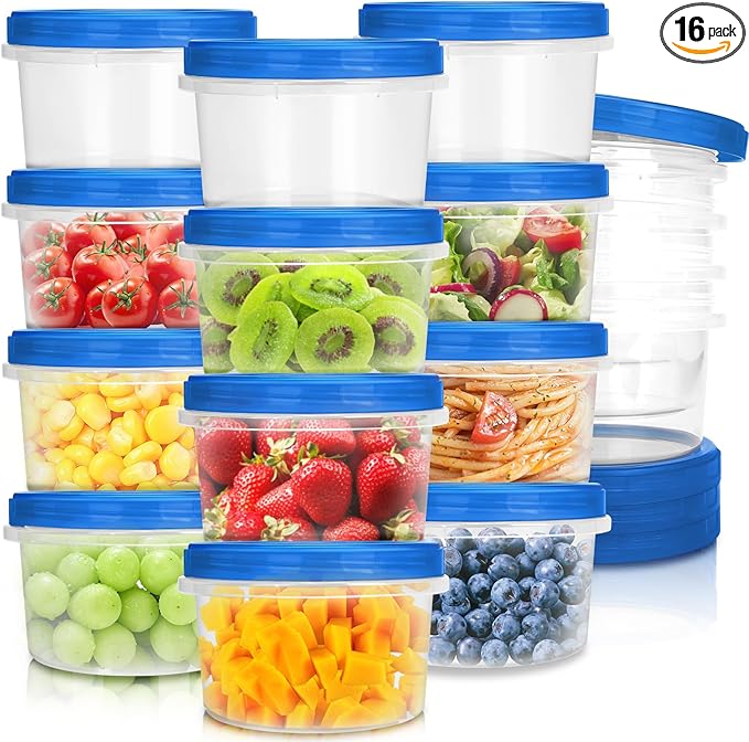 Freezer Containers with Twist Top Lids, Heavy Duty Round Airtight Food Storage Container for Fruit,Deli,Leftovers,Soup,Overnight Oats, BPA Free Stackable Freezer Storage Containers [16 Pack-16 oz]