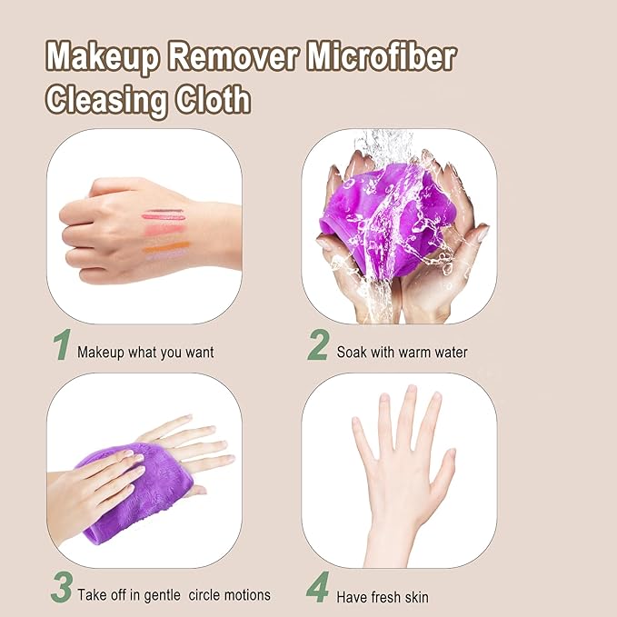KODAMO Makeup Remover Cloth, Reusable Makeup Remover Pads Washable Travel Bag, Microfiber Makeup Removal Face Wash Cloths with Just Water, 12 Pack/Violet